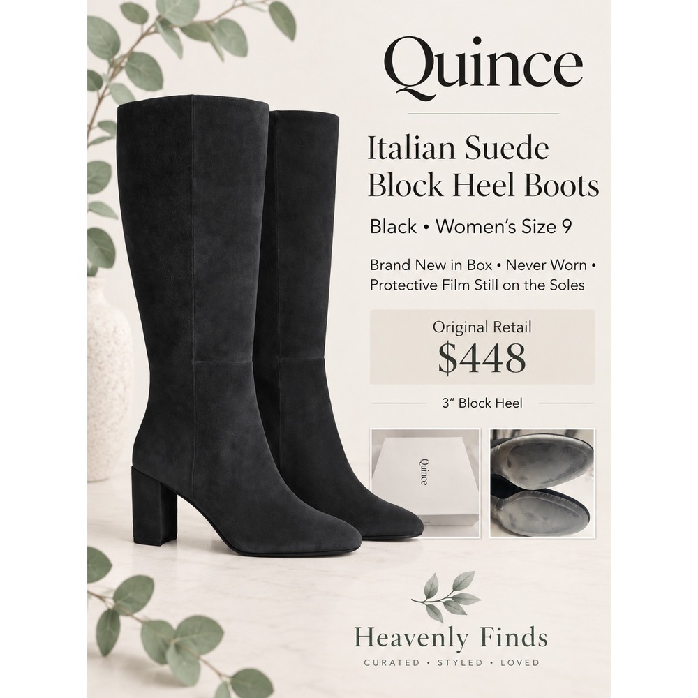 Quince Italian Suede Block Heel Boots Size 9 Black Tall Pull On New In Box